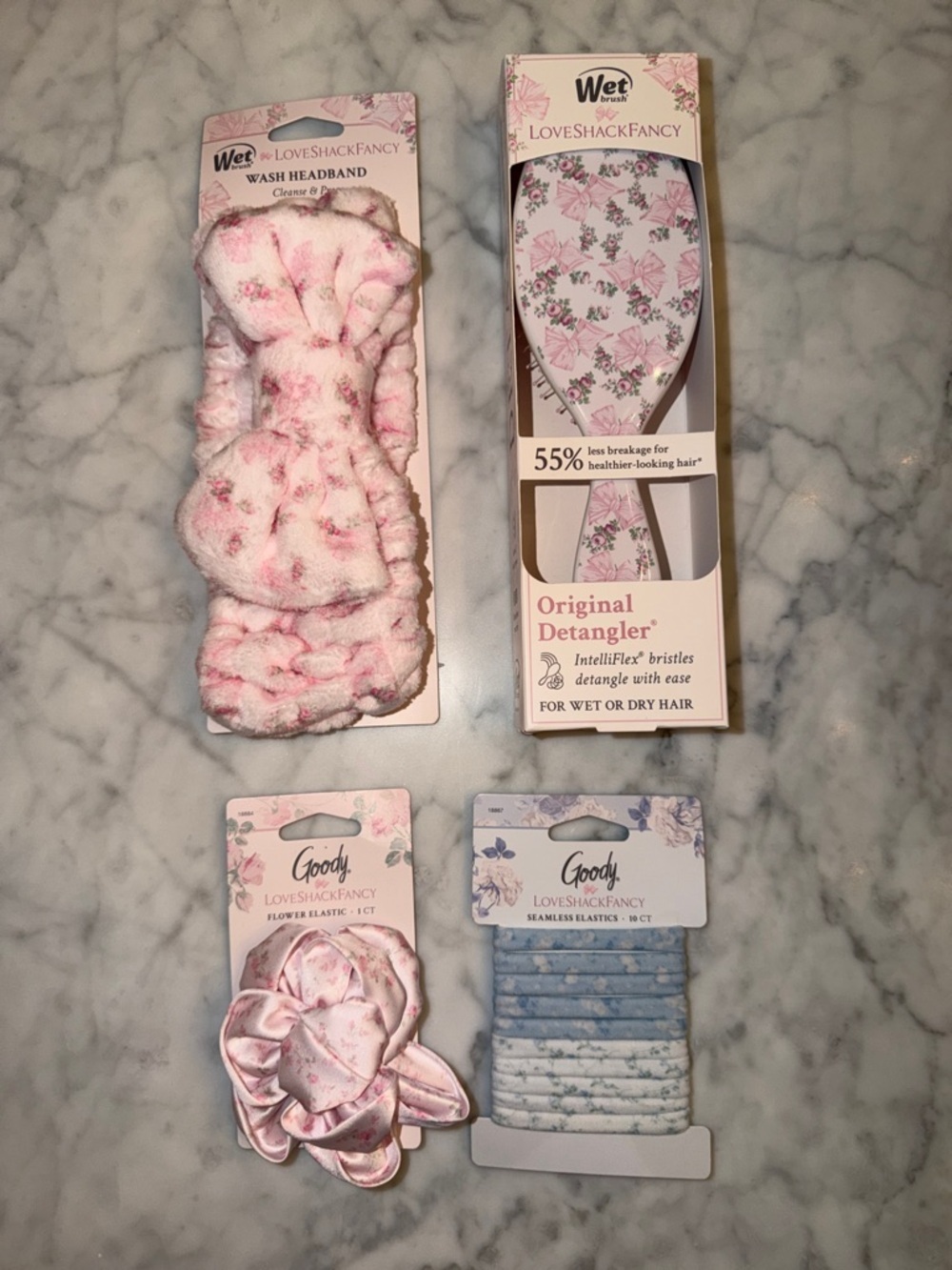 NWT LoveShackFancy x Goody  Pink Floral Wash Headband & Detangler Bundle